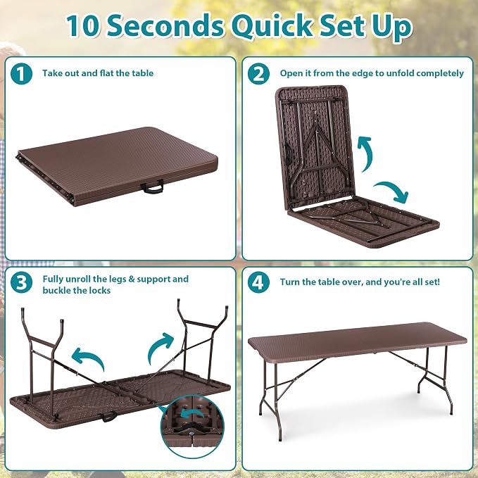 ZENY 6ft Portable Folding Table Plastic Indoor Outdoor Picnic Party Camp Dining Table with Handle (Brown, 71" x 27")