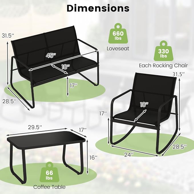 Tangkula 8 Piece Patio Furniture Set, Outdoor Rocking Bistro Set with 4 Rocking Chairs, 2 Loveseats & 2 Tempered Glass Coffee Tables, Porch Rocker Chair Conversation Set for Balcony Poolside Garden