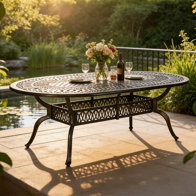 MEETWARM 84"x44" Cast Aluminum Patio Dining Table, Weather-Resistant Large Outdoor Dining Table for 8 Person, Patio Furniture Oval Table with Umbrella Hole and Adjustable Foot Pads, Dark Bronze