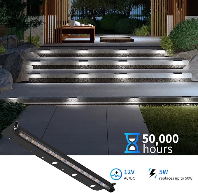 Black 8-Pack 12inch 5W 5000K Daylight White Hardscpe Lighting | 12V AC/DC Retaining Wall Lights,Low Voltage Landscape Lighting,Hardscape Paver Light,Outdoor Step Lights