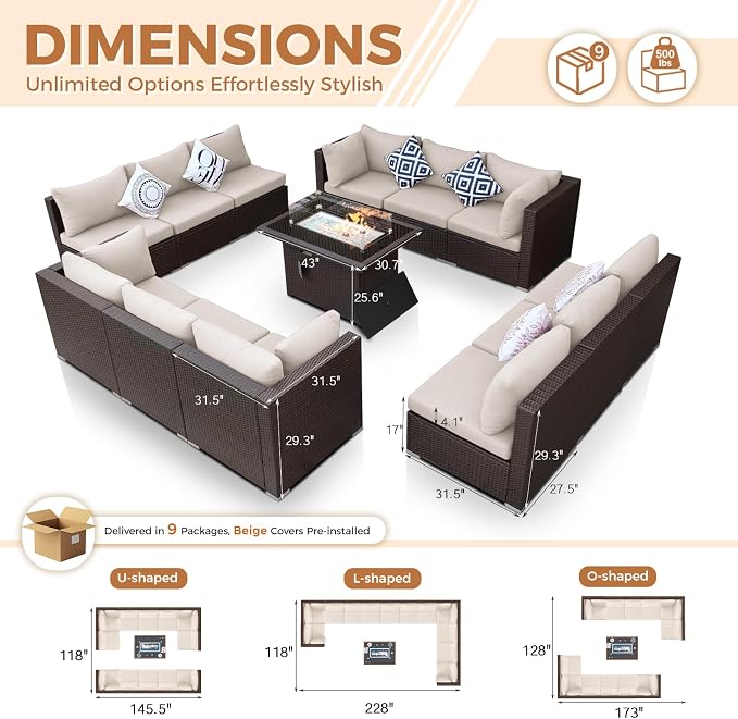 BULEXYARD 13 Piece High Back Wicker Patio Furniture Sets with Fire Pit, All-Weather Heavy Duty Outdoor Seating Set Modular, Extra Deep Wide 12-Person Sectional Couch Sofa for Backyard, Brown & Beige