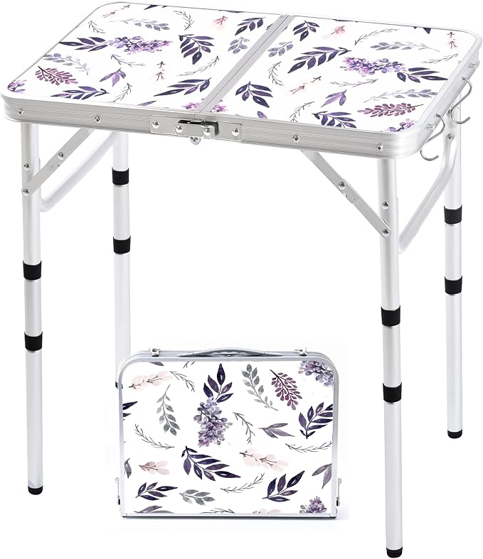 Yriuat Folding Camping Table 2ft Portable Picnic Table Adjustable Height Small Card Table Aluminum Foldable Lightweight with Carry Handle for Outdoor Indoor Hiking Camp BBQ Beach (Misty Lilac)