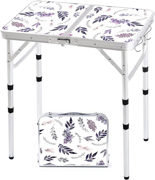 Yriuat Folding Camping Table 2ft Portable Picnic Table Adjustable Height Small Card Table Aluminum Foldable Lightweight with Carry Handle for Outdoor Indoor Hiking Camp BBQ Beach (Misty Lilac)