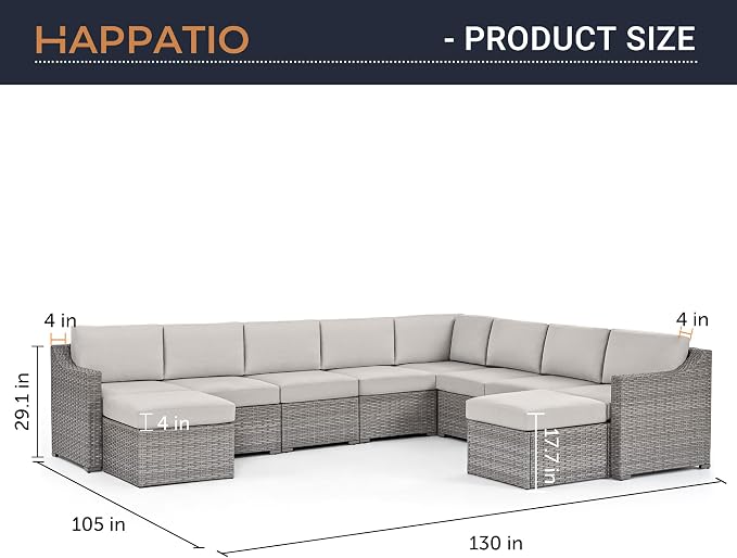 HAPPATIO 10 Piece Patio Conversation Set, Patio Furniture Set with Multiple Configuration Options,Rattan Wicker Outdoor Sectional Sofa. Easy Setup. (Gray/Beige)