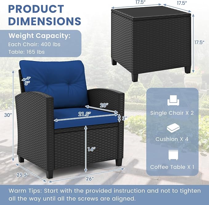 ORALNER 3 Pieces Patio Furniture Set, Wicker Conversation Set Outdoor Chairs with Cushions, Glass Coffee Table, Rattan Bistro Set for Front Porch Balcony Garden Deck Poolside (Navy)