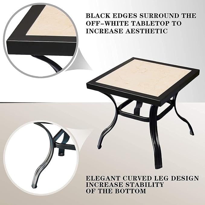 20.9" Outdoor Table Bistro Table with Ceramics Top Black Metal Frame Square Side Table for Bistro Balcony Deck, Off-White
