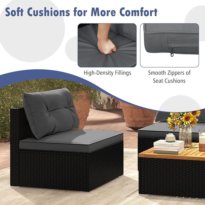 Tangkula 5 Pieces Wicker Patio Furniture Set, Outdoor 4 Armless Rattan Sofa & Coffee Table Set, with Cushions, Acacia Wood Tabletop, Sectional Patio Conversation Set for Lawn, Yard, Poolside, Grey