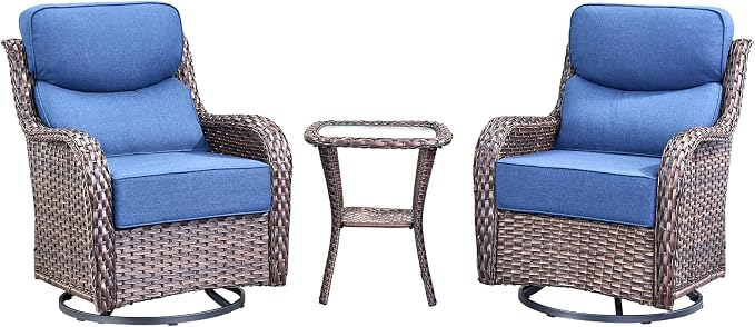 HUMMUH Outdoor Patio Wicker Swivel Rocker Chairs with 6-Inch Thick Cushion High Back 3 PCS Wicker Conversation Set for Porch Balcony Deck