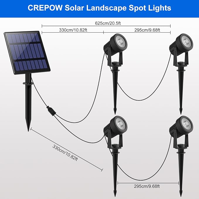 Solar Spot Lights Outdoor, 4-in-1 Solar Landscape Spotlight Waterproof 9.8ft Cable, 5W 3000mAh, Dusk to Dawn Auto ON/Off Adjustable Wall Lights for Yard, Ground, Garden, Pool, Lawn (Cold White)
