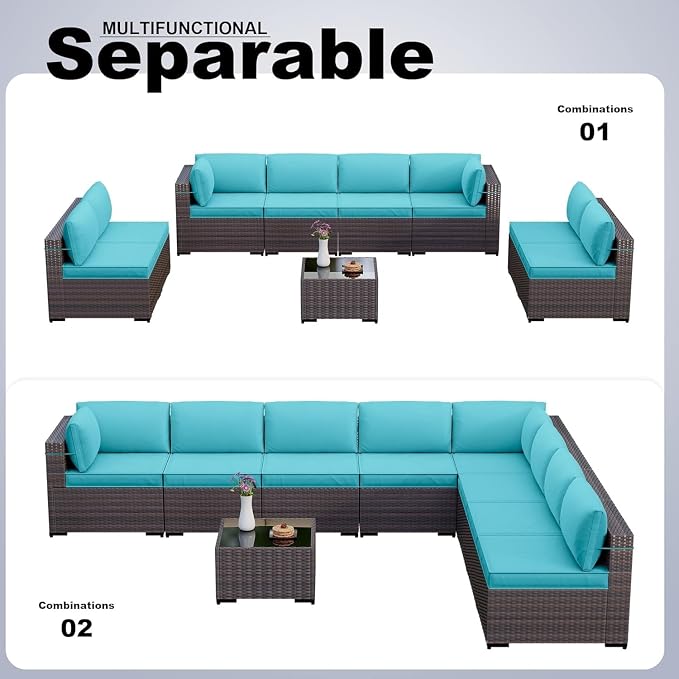 9 Pieces Outdoor Patio Furniture Set Brown Rattan Sectional Sofa with Manual Wicker, Cushions and Covers, Tempered Glass Tea Table Patio Conversation Set for Backyard Garden Lounge(Beige)