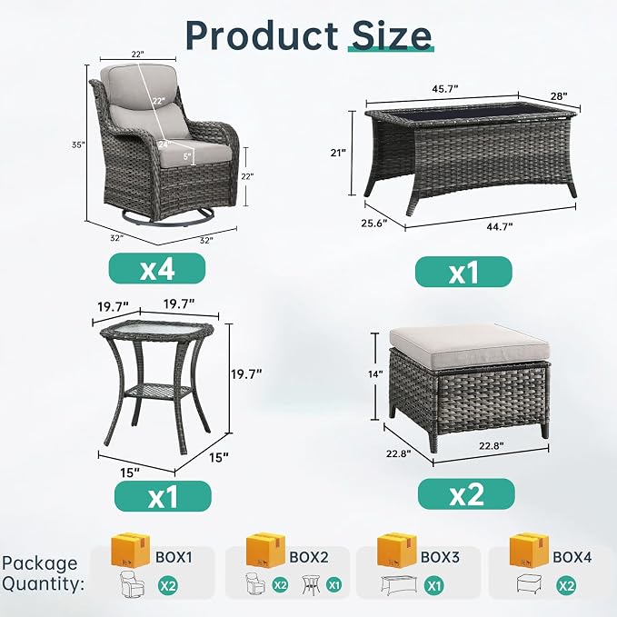 Outdoor Swivel Rocker Patio Chairs Set of 4 with Ottoman Coffee Table - 5" Thick Cushion 8 Piece Furniture Set All Weather Comfortable Wicker Conversation Set for Porch Deck - Gray/Beige