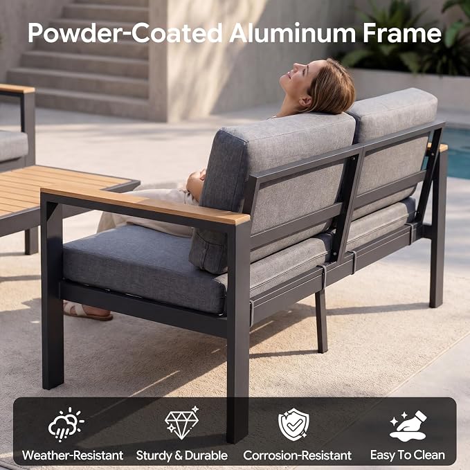 Outdoor Patio Furniture Set, 3-Piece Aluminum Conversation Set with 2 Chairs and Coffee Table, 5-Inch Water-Resistant Cushions, Powder-Coated Frame for Porch, Deck, Backyard, Gray