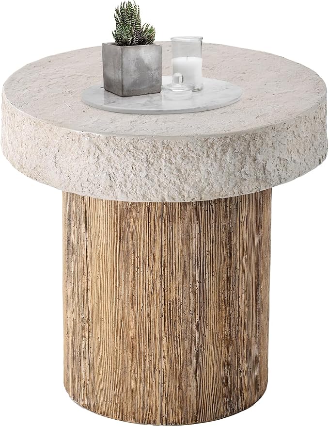HOMPUS Outdoor Dining Table, Concrete Coffee Table Round, 20 inches with MgO Tabletop, Antique Beige for Patio, Garden, Backyard