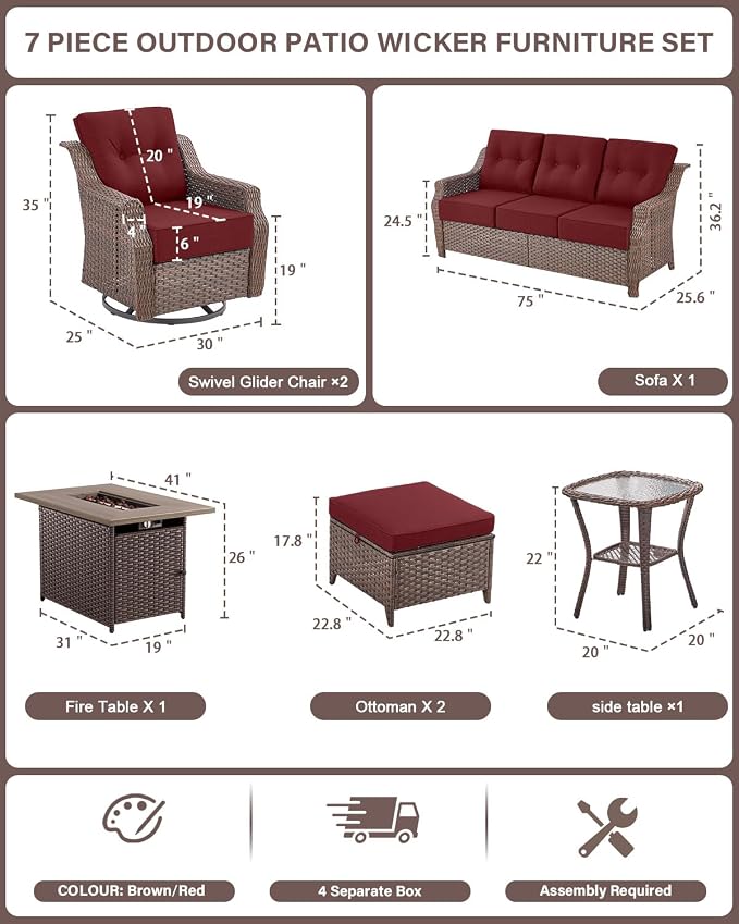 Belord Luxurious 7 Piece Patio Furniture Set with Fire Pit Table, High Back Swivel Rocker Glider Outdoor Chairs with 6" Cushion, All-Weather Patio Conversation Set for Yard Garden Brown Wicker