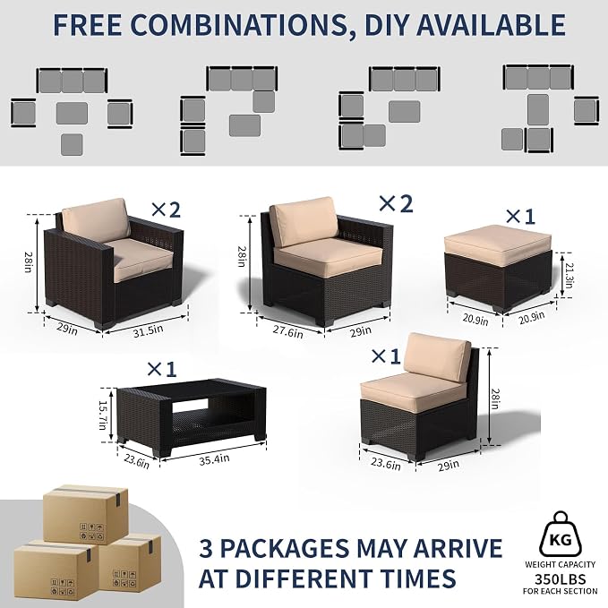 7 Piece Patio Furniture Set, Slanted Back Outdoor Sectional Sofa, Patio Conversation Sets with Cushion and Glass Table, Patio Sofa Furniture for Garden, Deck, Dark Brown Rattan & Khaki Cushions