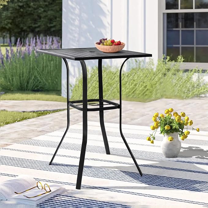 Crownland Patio Bar High 39” Table Metal Frame Outdoor Bar Bistro Table, Slatted Table Top with 1.57" Umbrella Hole, Classic Black