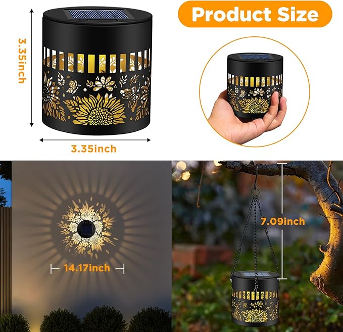 2 Pack Solar Fence Lights Outdoor, Metal Solar Powered Wall Deck Step Light | Sunflower Theme, Hanging LED Waterproof Decorative Lighting for Garden Patio Backyard Post Decor, Warm White