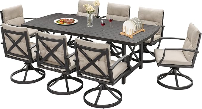9 Pieces Patio Dining Set for 8, Never Rusts Aluminum Outdoor Swivel Dining Set, Outdoor Dining Set with Cushions, Patio Table and Chairs Furniture Sets for Deck, Garden, Yard, Gunmetal
