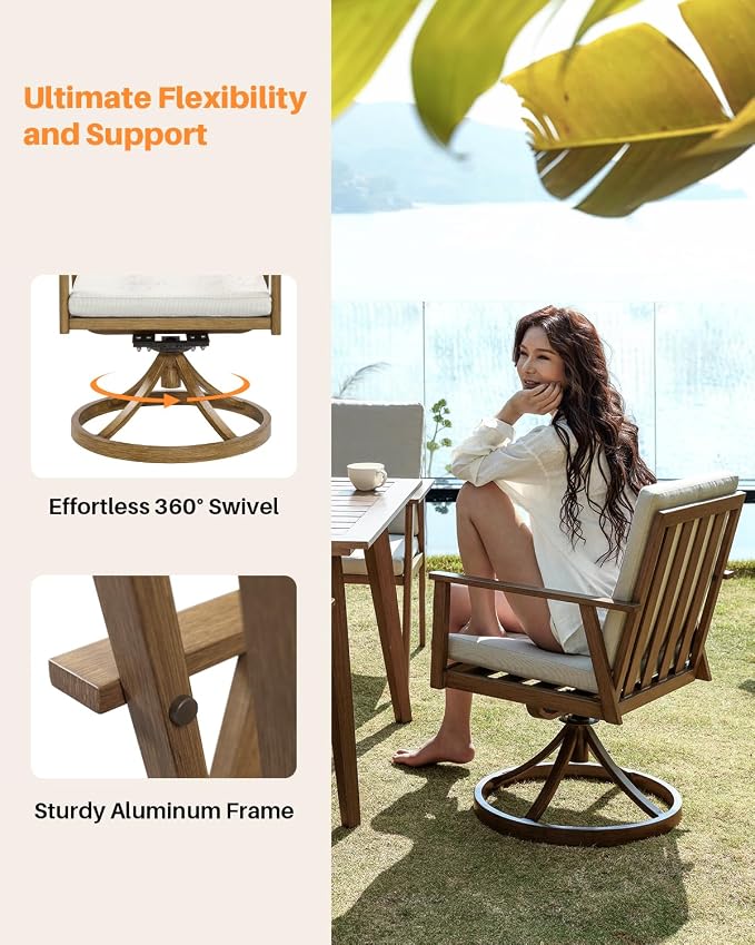 Outdoor Swivel Patio Dining Chair Set of 2, Never-Rust Outdoor Aluminum Patio Swivel Chairs with Cushions, Patio Dining Furniture Chairs Set for Garden, Backyard, Porch, Lawn, Teak