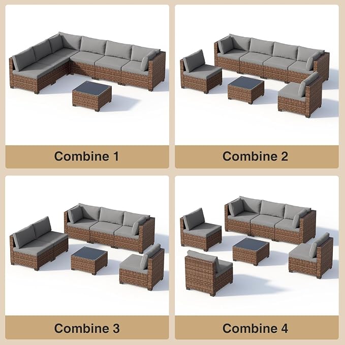 7 Pieces Wicker Patio Conversation Set Grey Outdoor Sectional Rattan Sofa Set Patio Furniture Sets with Cushions and Glass Coffee Table for Balcony Porch Garden