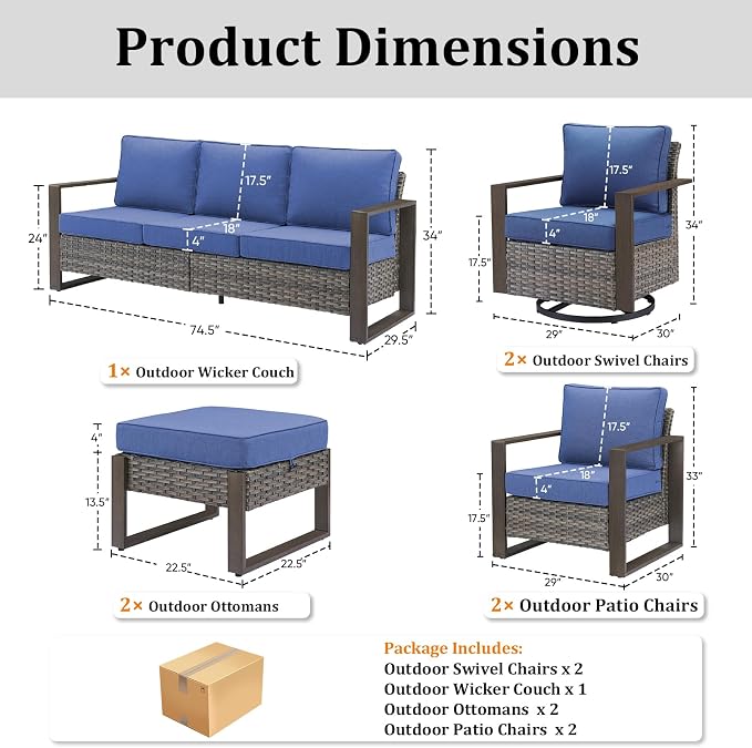 7-Piece Outdoor Patio Furniture Set with Swivel Chairs & Rattan Chairs, All-Weather Wicker Sofa Set for Garden, Yard, Porch and Poolside Seating, Grey/Blue