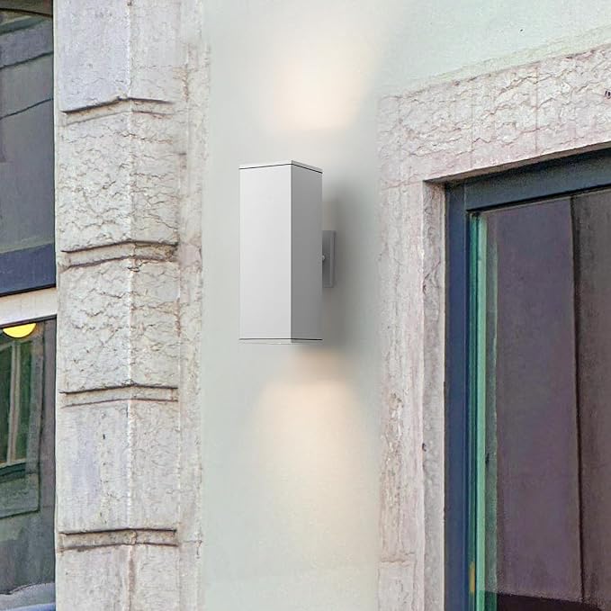 mirrea 14" Modern Outdoor Porch Light in 2 Lights, Matte White, 2 Pack | Patio wall sconce, aluminum rectangular tube, tempered glass, waterproof. Up & down lighting for outdoor wall mount fixture.