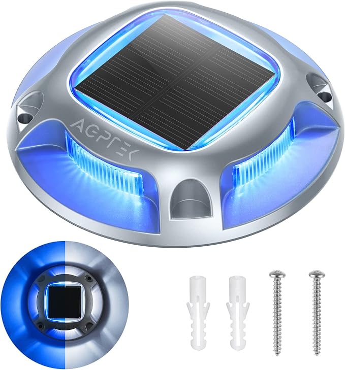 AGPTEK Solar Driveway Light Outdoor 1 Pack, 2 Color Modes LED Deck Dock | Marine Waterproof Driveway Marker Lights for Step Sidewalk Stair Garden Pathway Walkway Yard (Blue Light/Cool White)