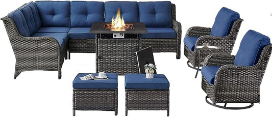 Belord Patio Furniture Set with Fire Pit Table,8 Piece Wicker Outdoor Furniture Set, Swivel Rocker Chairs with Ottomans and Sectional Couch, All Weather Patio Conversation Set,Gray Wicker/Blue