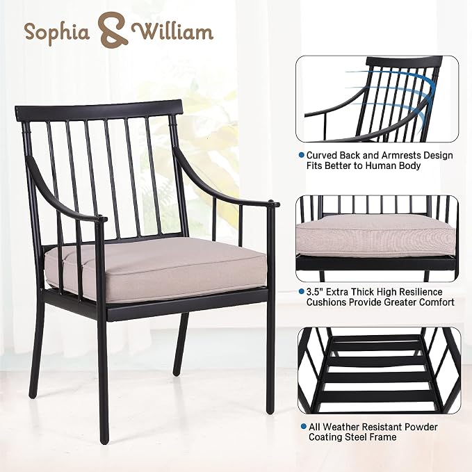 Sophia and William Patio Dining Set, 5 PCS | E-Coated and Steel, Square Table, Straight Legs Chairs, 1.57" Umbrella Hole, Weather-Resistant