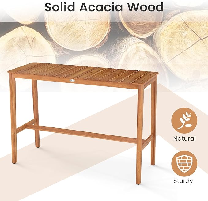 HAPPYGRILL Acacia Wood Outdoor Bar Table 55 Inch, Rectangular Pub Table with Slatted Top and Adjustable Foot Pads, for Hot Tub, Balcony, Garden and Poolside
