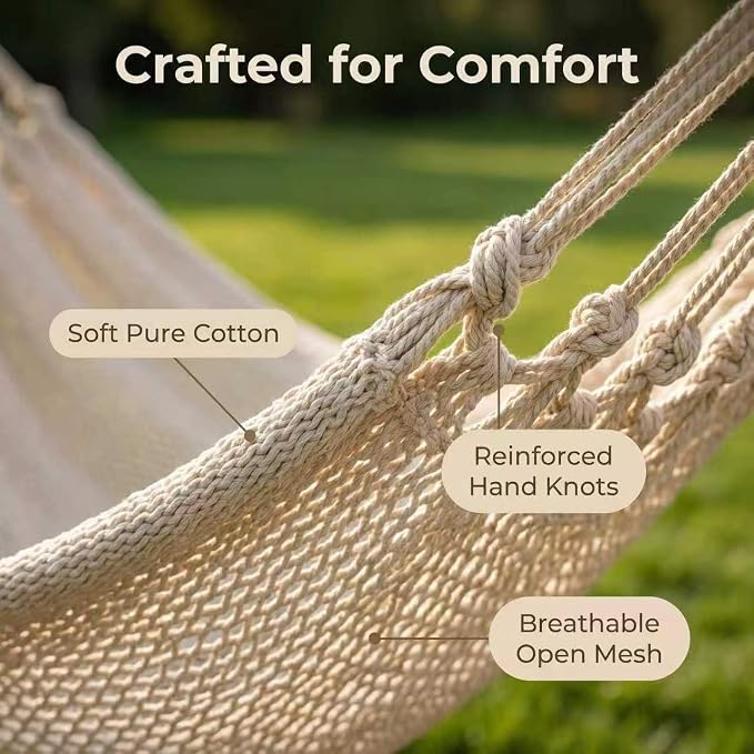 WjrnlfdHammock 79 * 59in550lbs 2Person Cotton Rope Outdoor Camping Hammock | 550lbs double hammock, handwoven cotton rope, breathable mesh, easy setup, perfect for backyard, camping & beach. 3 colors!