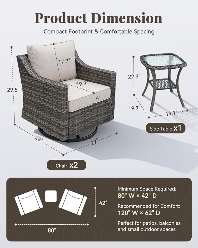 Patio Furniture Set 3 Pieces Luxury Outdoor Bistro with Swivel Rocker Chairs and Side Table, Easy Assembly Conversation Set for Porch Deck Balcony Yard in Gray Wicker and Beige Cushions