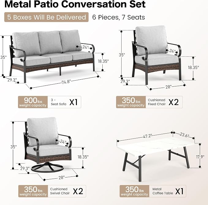 SUNSHINE VALLEY 6-Piece Metal Outdoor Patio Furniture Set - Black & Light Gray with 1 3-Seater Sofa, 2 Fixed & 2 Swivel Sofas, Coffee Table