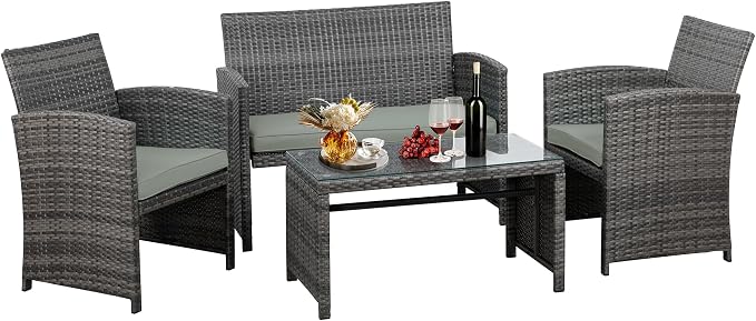 JAMFLY 4 Piece Outdoor Patio Furniture Set, Outdoor Wicker Rattan Chairs Conversation Sets with Cushions & Coffee Table for Outside, Garden, Balcony, Porch, Grey