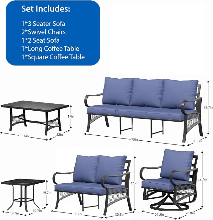6 Piece Patio Furniture Set, 2 Single Swivel Chairs, Rope Braided Exposed with Thick Cushions, Outdoor All Weather Patio Conversation Sectional Sofa Set for Garden, Porch, Lawn, Blue