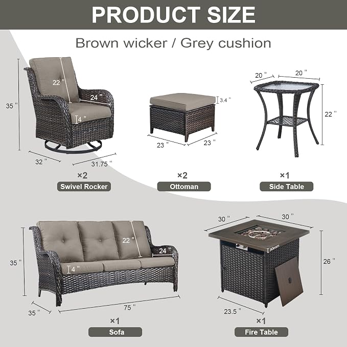 Belord Patio Furniture Set with Fire Pit Table,7 Piece Wicker Outdoor Furniture Set, Swivel Rocker Chairs with Ottomans and Sofa, All Weather Patio Conversation Set, for Pool,Yard,Brown Wicker/Gray