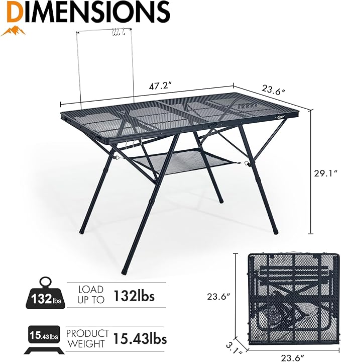 Portal Iron Mesh Folding Grill Table with 2 Adjustable Heights(15" & 29"), Heavy Duty Metal Camp Table, Heat-Resistant Tabletop for BBQ & Outdoor Cooking, One-Piece Folding Design, Dark Gray