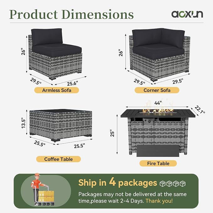 Aoxun 11 Piece Patio Furniture Set with 44” Fire Pit Table Wicker Rattan Outdoor Sectional Sofa Set with Coffee Table and Thickened Cushions, Grey/Black