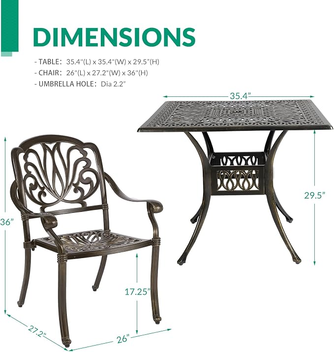 VIVIJASON 5-Piece Outdoor Cast Aluminum Patio Dining Set, All-Weather Conversation Furniture Set, Include 4 Chairs and a 35.4 inch Square Table w/Umbrella Hole for Balcony, Lawn, Garden, Backyard