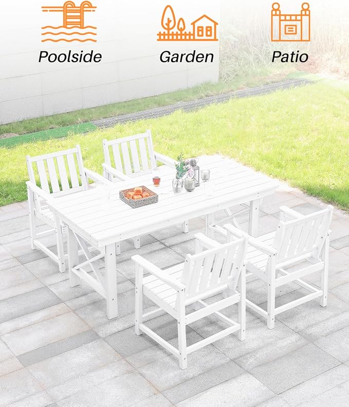 HDPE Outdoor Dining Set of 6, Patio Dining Table Set with 4 Chairs and 1 Bench, 6 Pieces HDPE Dining Set with Umbrella Hole, Outdoor Furniture Sets for Deck, Poolside, Garden, Pearl