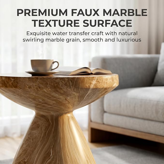 18 x 21 Inch Sculptural Round Outdoor Side Table for Patio, Weather-Resistant Faux Terrazzo Garden Stool, Modern Patio Accent Table for Indoor and Outdoor Use, Drum End Tables, Marble Color