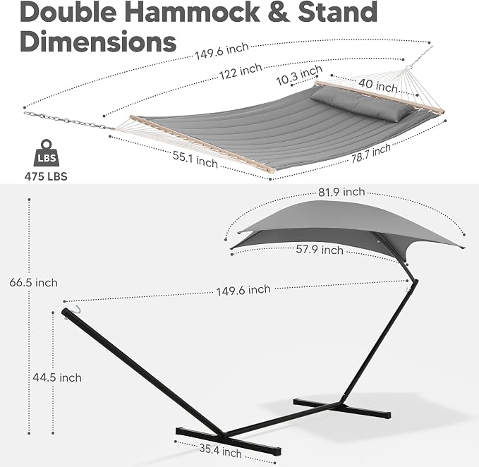 SUNCREAT Hammocks for Outside with Stand, Porch Hammock and Stand, 475 lbs Capacity, Patent Pending, Light Gray