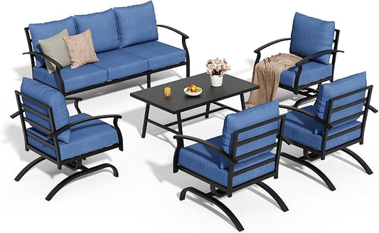 Metal Patio Furniture Set,6 Pieces 7 Seats Patio Sectional Outdoor Furniture Set with Rectangular Coffee Table,Patio Conversation Sets with 5.1" Thickened Cushions,Navy Blue