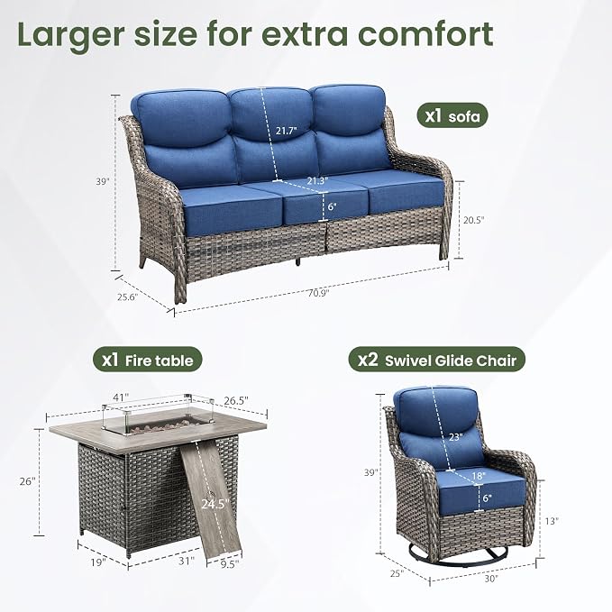 Luxury Patio Furniture Set with 6-inch Thick Cushion, Outdoor Furniture with Fire Pit Table, Swivel Chairs, Sofa, 4pcs Wicker Conversation Set for Deck Yard and Poolside(Grey Wicker/Blue Cushion)