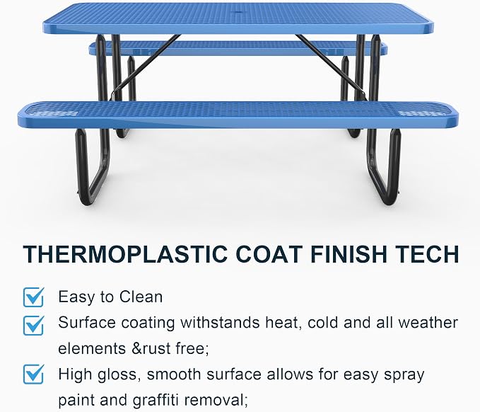 KEIKI 72" Heavy-Duty Metal Picnic Table with Benches, Commercial Outdoor Steel Table with 2.12" Umbrella Hole, 2.5mm Mesh Top, Rust-Resistant Coating, Patio Backyard Park Dining Furniture, Blue