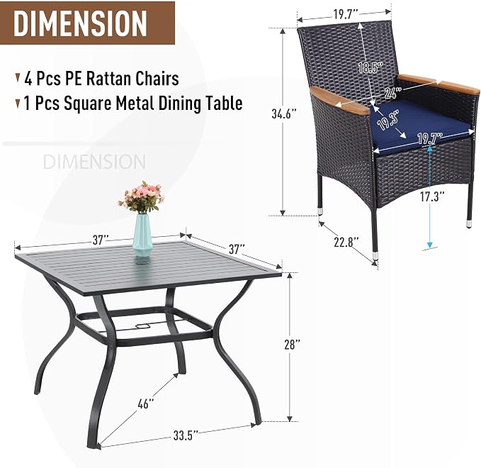 Sophia & William 5 Pieces Patio Dining Set for 4 People, Patio Table and Rattan Chairs Set, Square Metal Outdoor Table and Wicker Chairs, 1.57" Umbrella Hole, Seat Cushions