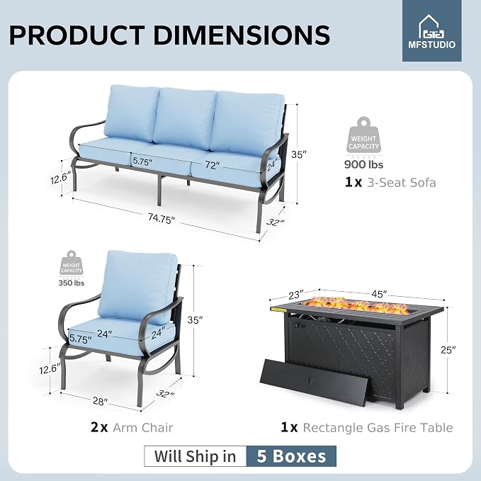 MFSTUDIO 4 Pieces Patio Conversation Sets, All Weather Metal Frame Outdoor Furniture Set Patio Sofas with 1 x 45 Rectangular Propane Fire Table, 1 x 3-Seat Sofa, 2 x Sofa Chairs, Blue Cushion