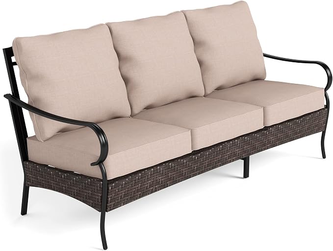 MFSTUDIO Outdoor Patio Furniture Set, 3-Seat Metal Patio Conversation Sofa, Outdoor Rattan Wicker Conversation Sofa Set with Cushion for Garden Porch Poolside,450 LBS