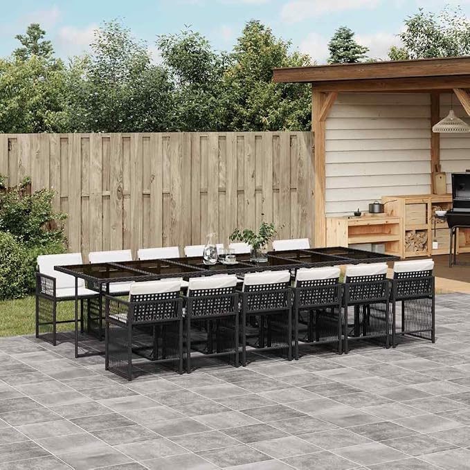 13 Piece Outdoor Garden Dining Set Black Cream White with Cushions, Tempered Glass Table, Synthetic Rattan Patio Furniture for 12 Person, Weather Resistant Modern Backyard Picnic Barbecue Party