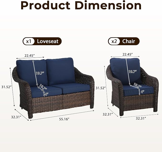 3 Piece Patio Wicker Conversation Set, All-Weather Use Outdoor Wicker Loveseat with 2 PE Rattan Chair, Ideal for Porch, Backyard, Balcony, Poolside, Blue